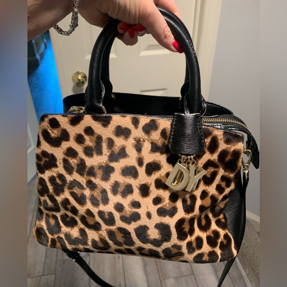 DKNY Leopard Print Calf Hair Animal Print Satchel Bag Purse Black Leather Trim
